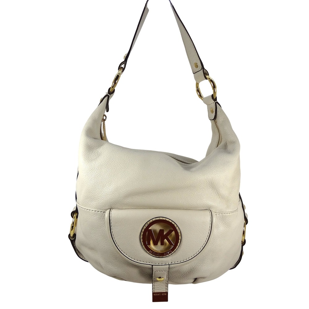 Michael Kors White Leather Hobo Shoulder Bag‎ Gold Tone MK Logo